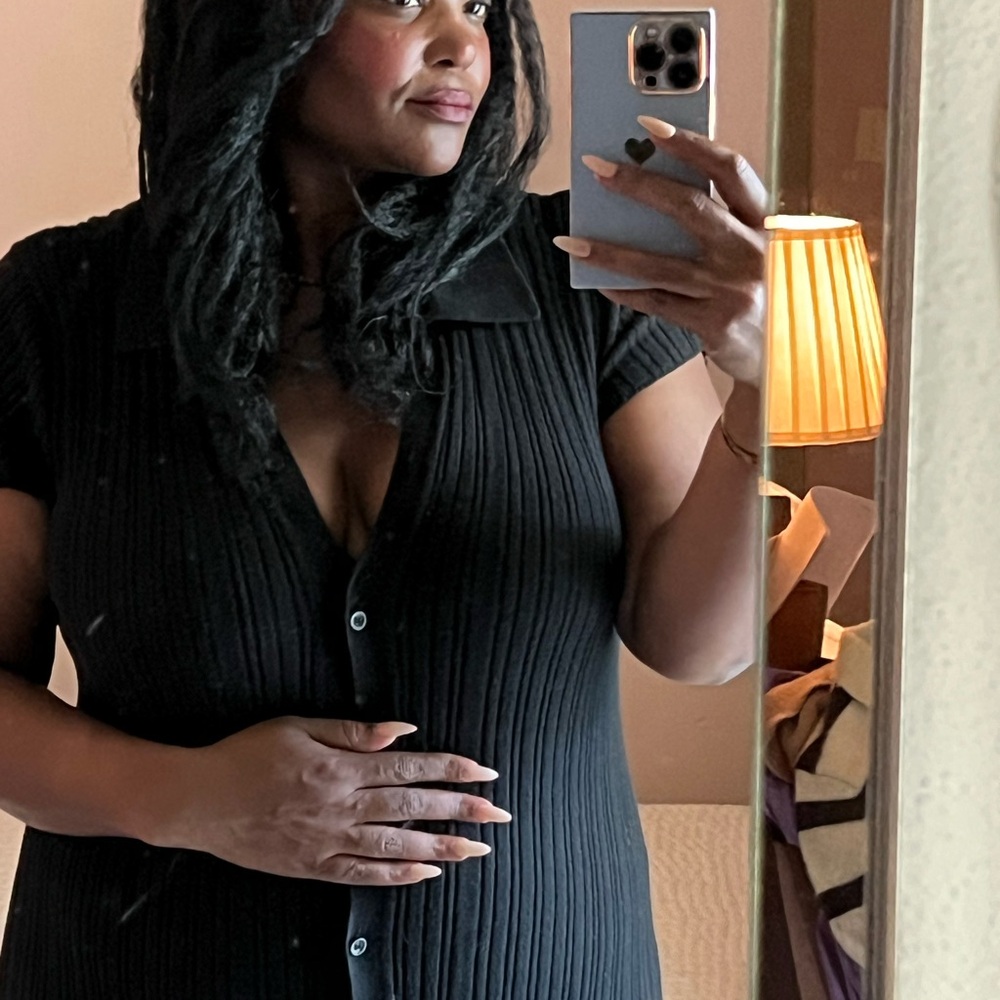 Open Edit Black Ribbed Knit Button-Up Short Sleeve Midi Dress - Size L